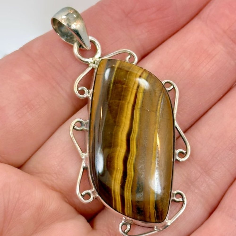 Tigers Eye Pendant, Sterling Silver, Vintage, Big Stone, 2" Long, Large